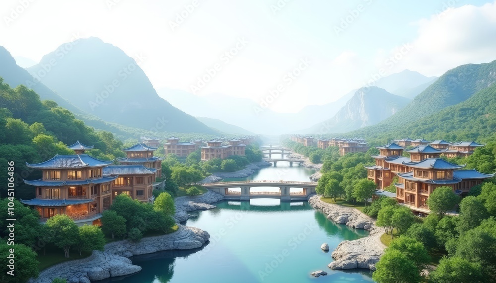 Obraz premium Elegant riverside villas nestled amidst natures tranquility