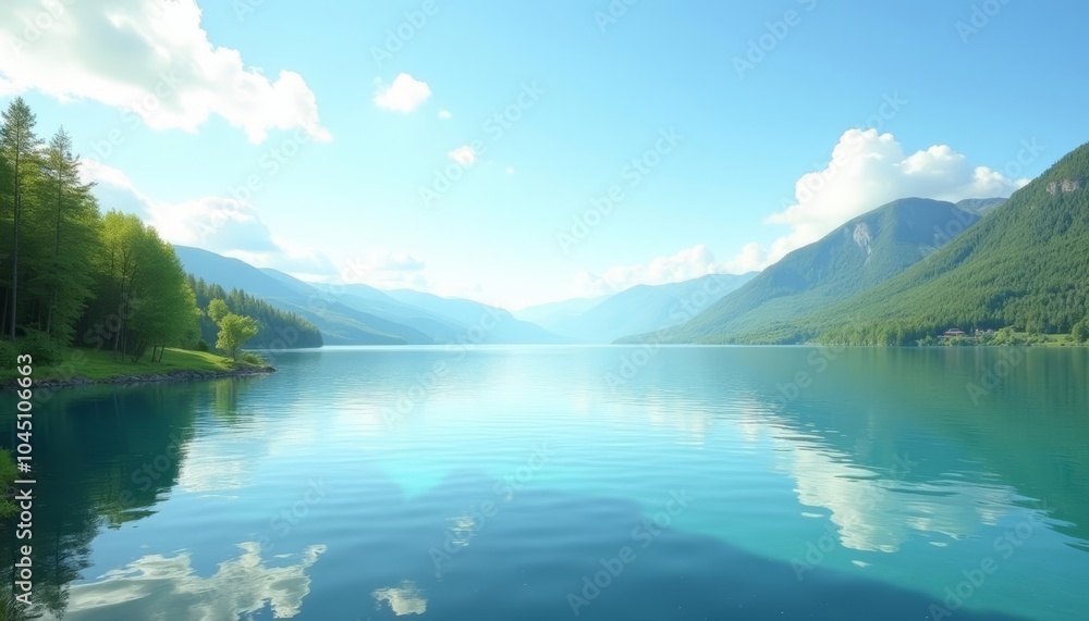 Naklejka premium Tranquil lakeside serenity under a clear blue sky