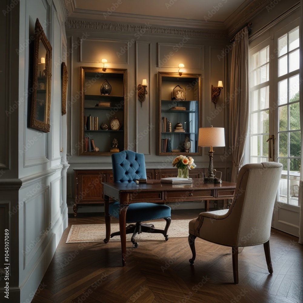 A classic home office with a wooden desk, two chairs, and bookshelves. A classic home office with a wooden desk, two chairs, and bookshelves.