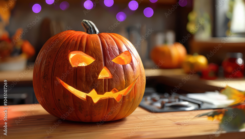 classic carved jack o lantern with glowing eyes and mischievous smile sits on wooden kitchen counter, surrounded by autumn decorations and warm ambiance classic carved jack o lantern with glowing eyes and mischievous smile sits on wooden kitchen counter, surrounded by autumn decorations and warm ambiance
