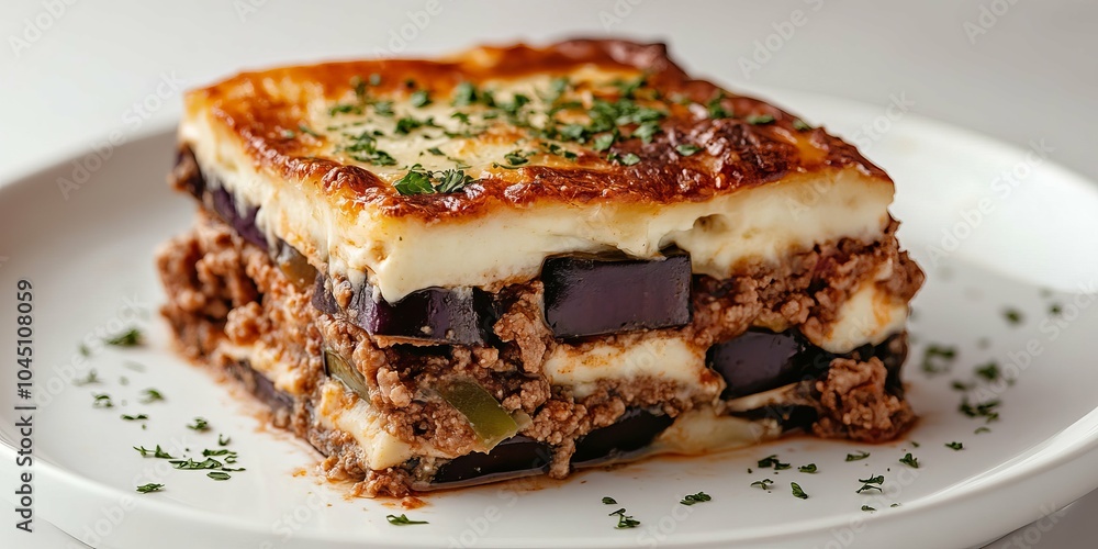 Slice of Layered Moussaka with Eggplant, Meat, and Creamy Sauce Slice of Layered Moussaka with Eggplant, Meat, and Creamy Sauce