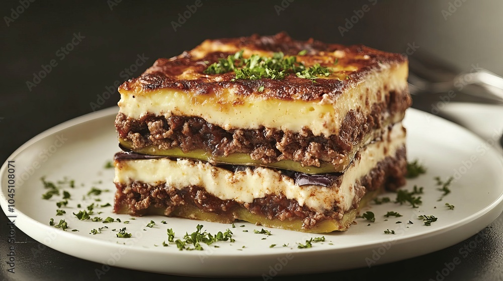 Slice of Layered Moussaka with Eggplant, Meat, and Creamy Sauce Slice of Layered Moussaka with Eggplant, Meat, and Creamy Sauce