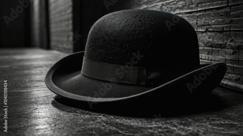 classic black felt bowler hat resting on textured surface, exuding sense of elegance and timeless style. soft light highlights its unique shape and material, creating striking visual photo