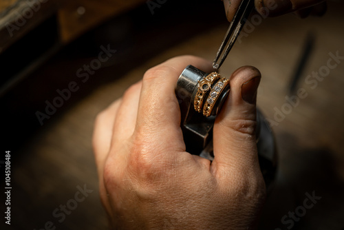 Jeweler puts diamond to golden wedding luxury ring. Selective focus. Macro photo.