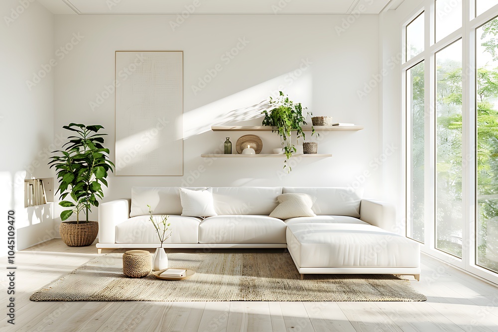 Interior of stylish living room with comfortable cozy sofa and armchair, shelf with art decoration Interior of stylish living room with comfortable cozy sofa and armchair, shelf with art decoration