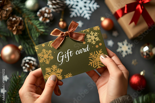 Woman holding in hands gift card for a Christmas holidays. Nicely decorated voucher with xmas decorations, perfect present for winter holidays. 