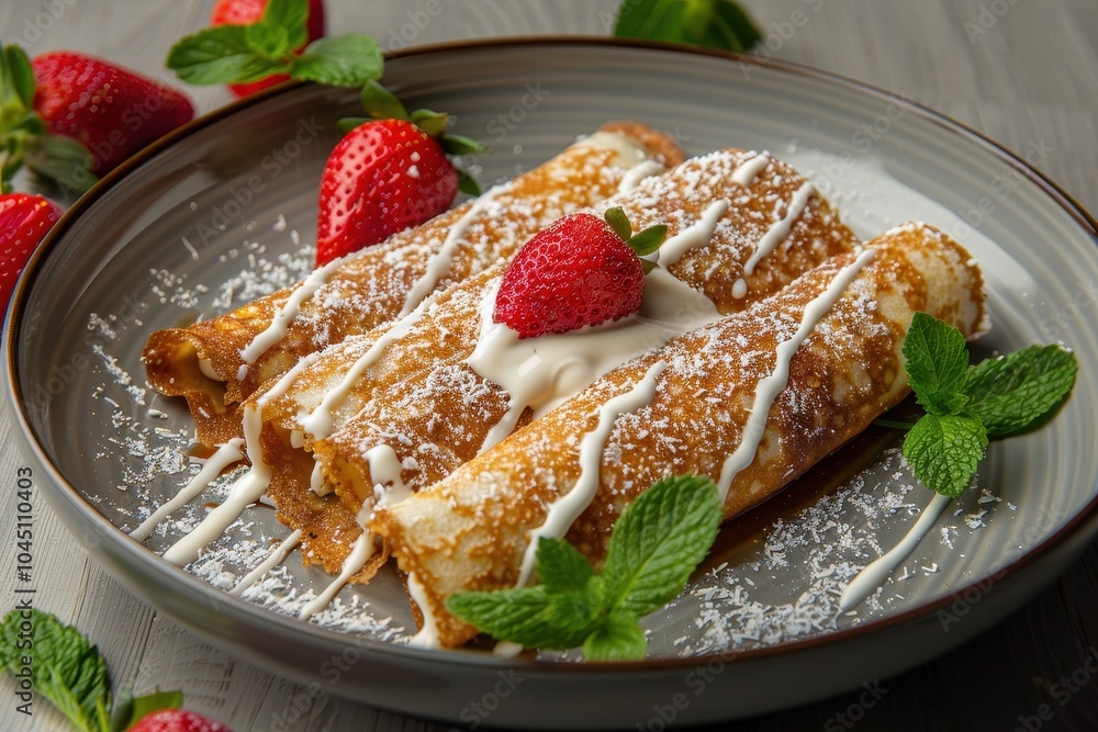 A dish of tapioca crepes, stuffed with coconut and sweetened condensed milk, garnished with fresh strawberries A dish of tapioca crepes, stuffed with coconut and sweetened condensed milk, garnished with fresh strawberries