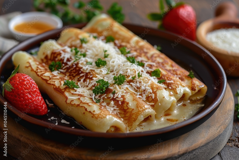 A dish of tapioca crepes, stuffed with coconut and sweetened condensed milk, garnished with fresh strawberries A dish of tapioca crepes, stuffed with coconut and sweetened condensed milk, garnished with fresh strawberries