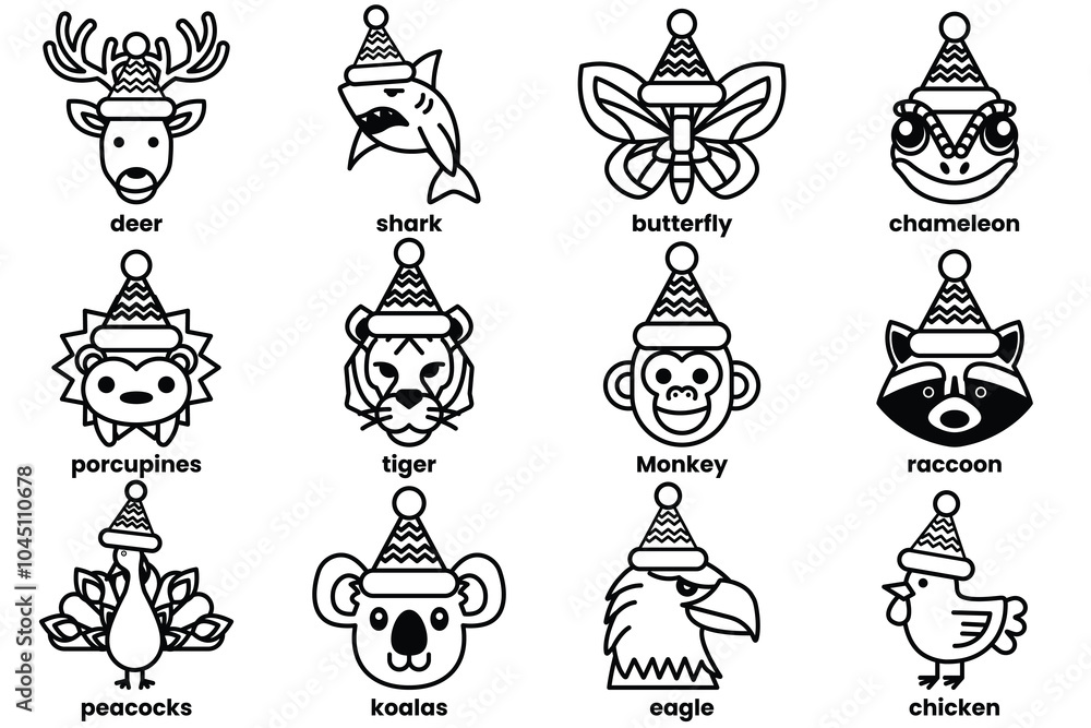 Set of illustrations in the concept of various animals wearing Christmas hats in a line drawing style Set of illustrations in the concept of various animals wearing Christmas hats in a line drawing style
