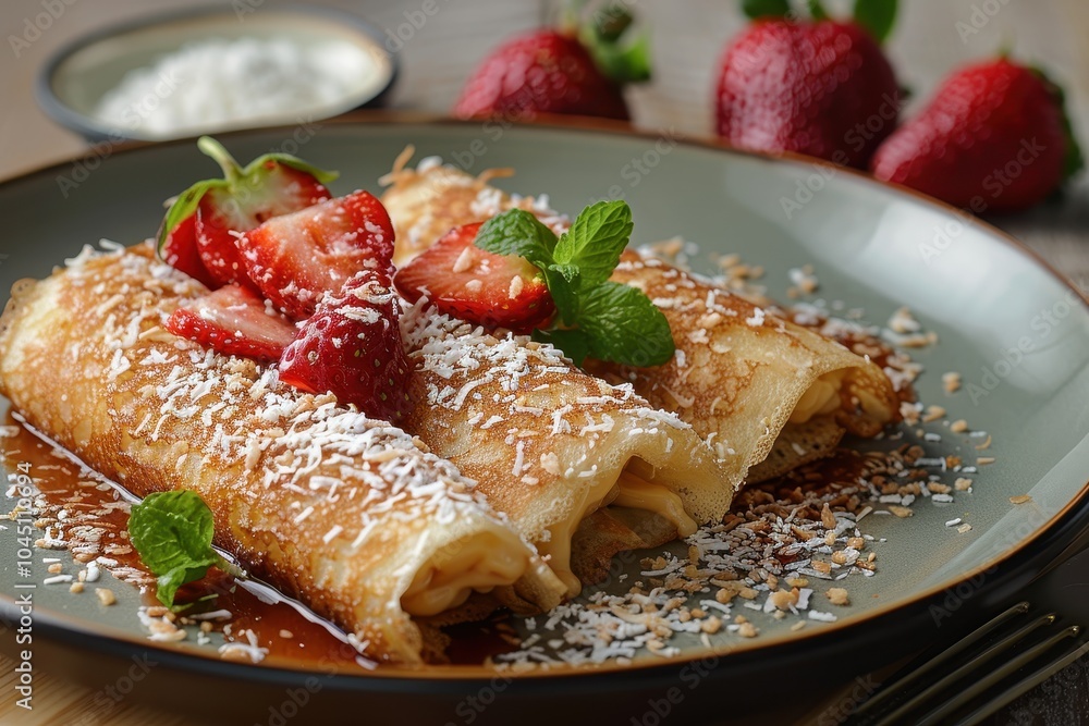 A dish of tapioca crepes, stuffed with coconut and sweetened condensed milk, garnished with fresh strawberries A dish of tapioca crepes, stuffed with coconut and sweetened condensed milk, garnished with fresh strawberries