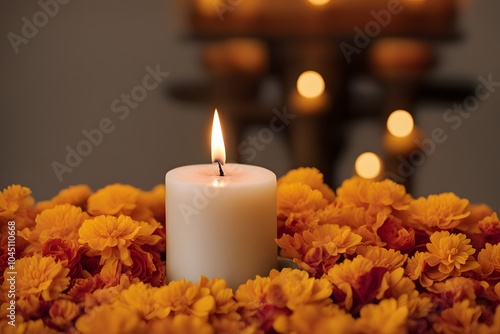 A close up of a lit candle surrounded by marigold petals on a solemn altar, Ai Generated