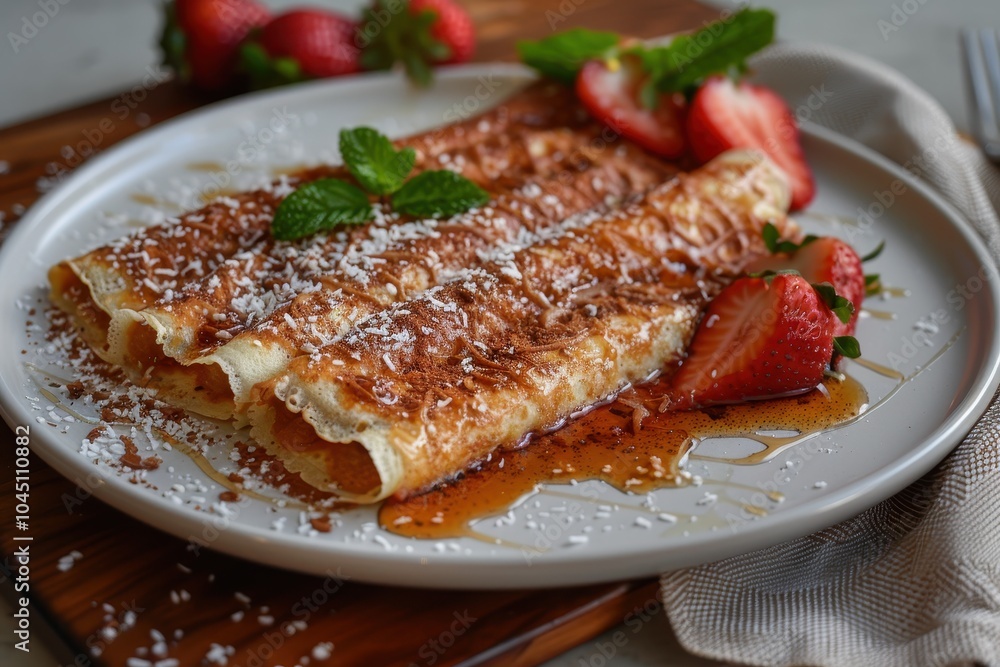 A dish of tapioca crepes, stuffed with coconut and sweetened condensed milk, garnished with fresh strawberries A dish of tapioca crepes, stuffed with coconut and sweetened condensed milk, garnished with fresh strawberries