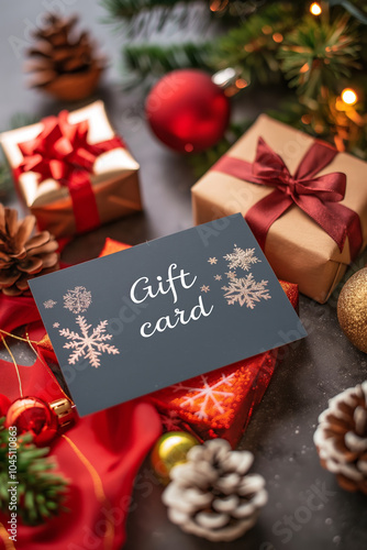 Gift card for a Christmas holidays. Nicely decorated voucher with xmas decorations, perfect present for winter holidays. 