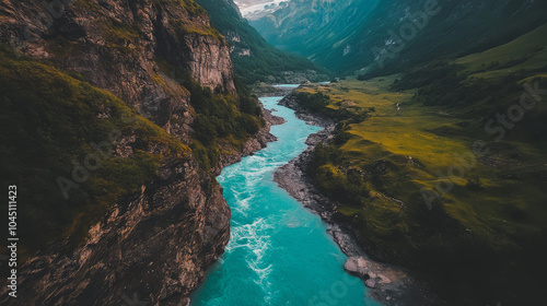 A river with a blue color flows through a valley