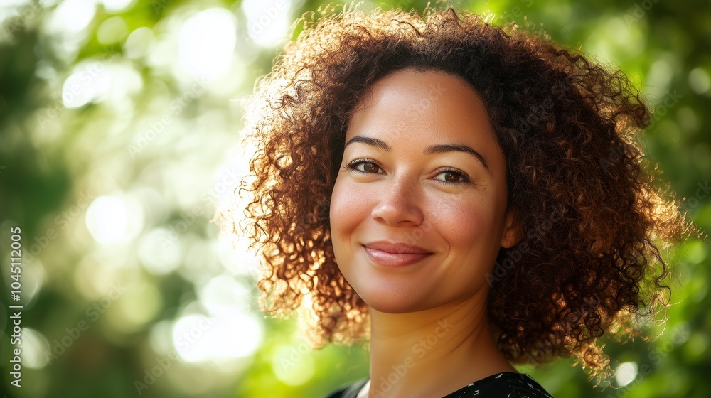 Portrait of a happy, mixed-race woman in her thirties with curly hair, outdoors in nature Portrait of a happy, mixed-race woman in her thirties with curly hair, outdoors in nature