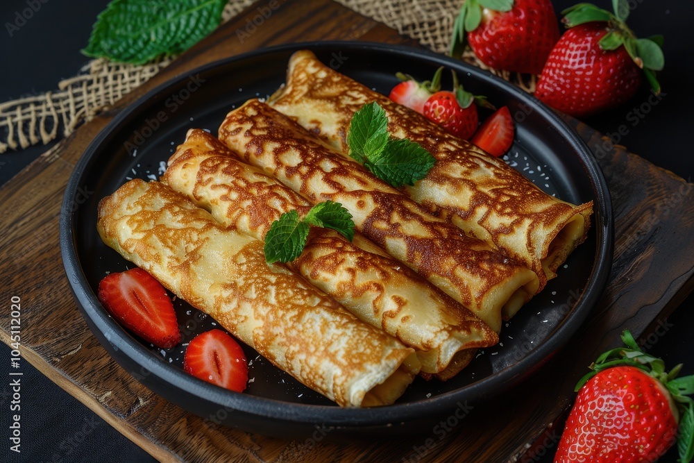 A dish of tapioca crepes, stuffed with coconut and sweetened condensed milk, garnished with fresh strawberries A dish of tapioca crepes, stuffed with coconut and sweetened condensed milk, garnished with fresh strawberries