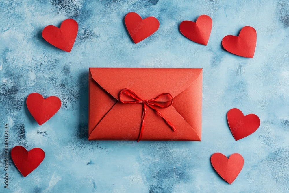 Beautiful present and red paper envelope and Valentines hearts on blue background. Flat lay, top view. Romantic love letter with generative ai Beautiful present and red paper envelope and Valentines hearts on blue background. Flat lay, top view. Romantic love letter with generative ai