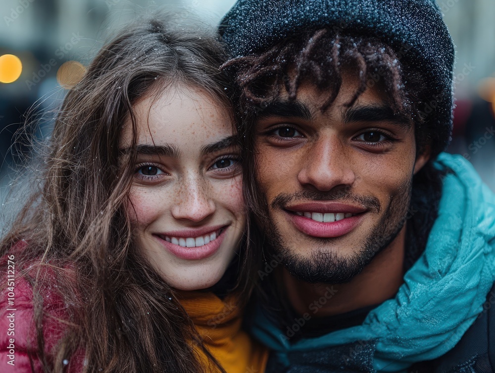 A smiling couple in cozy winter attire embrace the winter chill amid a bustling snowy city street, epitomizing warmth, love, and connection against the cold. A smiling couple in cozy winter attire embrace the winter chill amid a bustling snowy city street, epitomizing warmth, love, and connection against the cold.