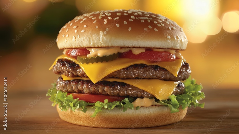 Delicious double burger with lettuce, tomato and cheese sitting on wooden surface Delicious double burger with lettuce, tomato and cheese sitting on wooden surface