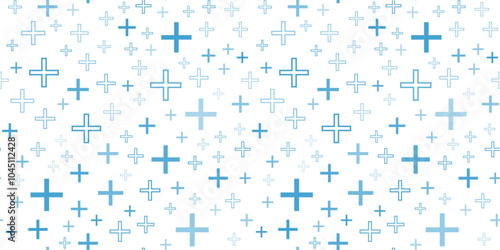 Medical seamless pattern with blue cross on white. Pharmacy repeat background