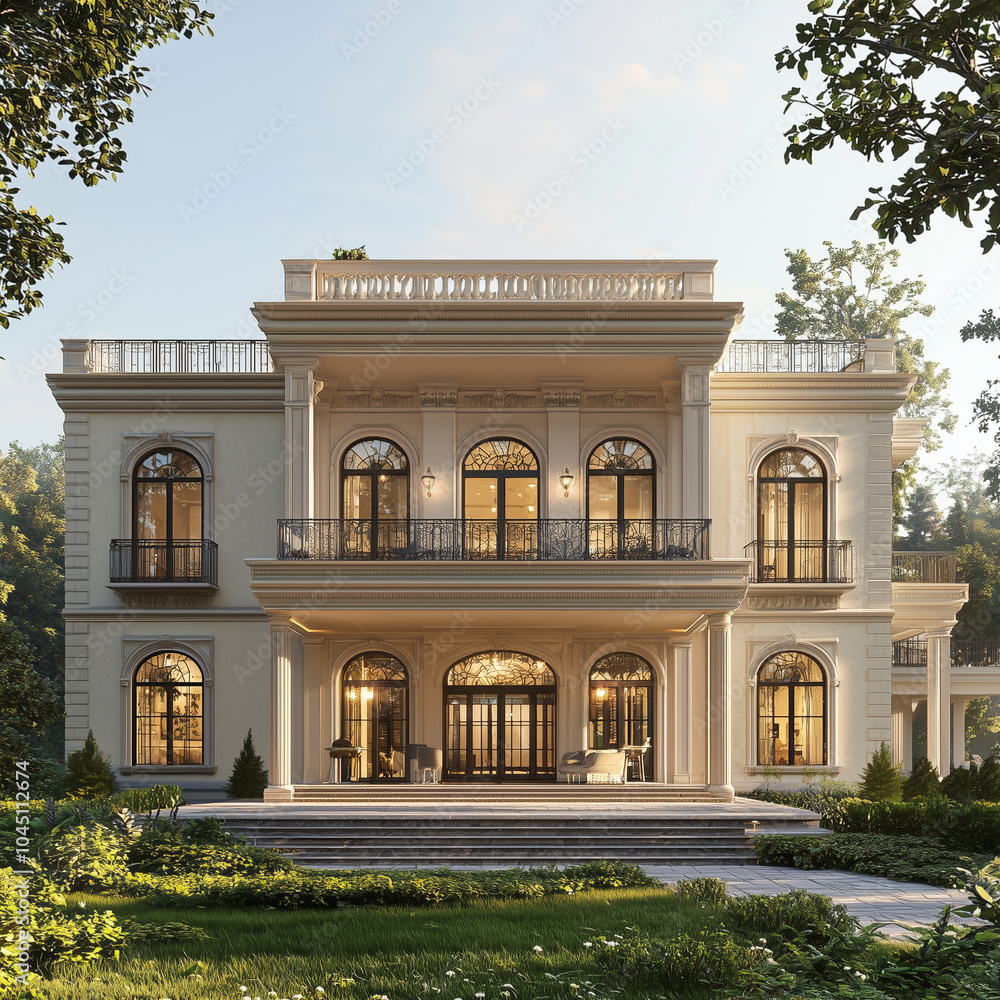 Fototapeta premium Beautiful Modern Luxury Mansion, Contemporary Architectural Design with Expansive Outdoor Space and High-End Features