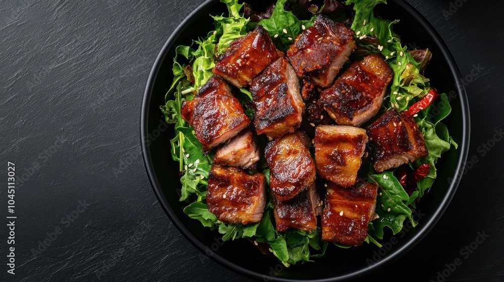 Savor the rich flavors of tender pork belly slices glazed to perfection, elegantly served with fermented fish, a zesty chili sauce, and fresh salad. Savor the rich flavors of tender pork belly slices glazed to perfection, elegantly served with fermented fish, a zesty chili sauce, and fresh salad.