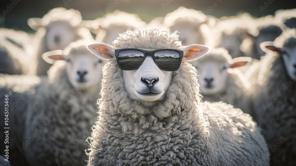 Sheep wearing sunglasses standing out from the herd Sheep wearing sunglasses standing out from the herd