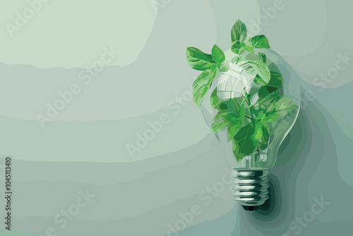 Flying green leaves around the lightbulb filled with leaves. Renewable green energy concept. 3D Illustration