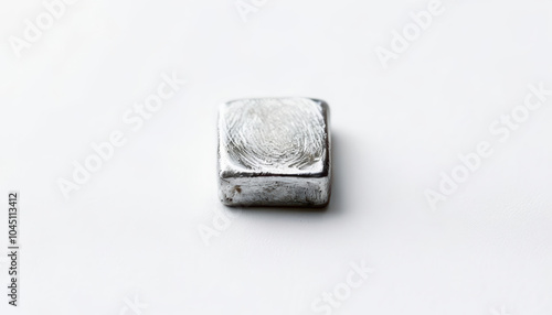 small square piece of iron rests on white background, showcasing its metallic sheen and smooth surface. simplicity of object highlights its industrial charm and unique texture