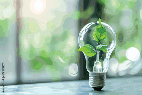 Flying green leaves around the lightbulb filled with leaves. Renewable green energy concept. 3D Illustration