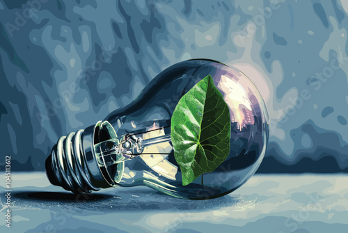 Flying green leaves around the lightbulb filled with leaves. Renewable green energy concept. 3D Illustration