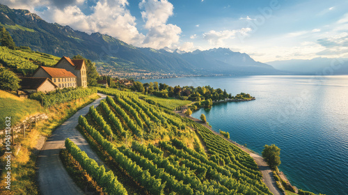 A beautiful view of a vineyard with a house and a lake in the background