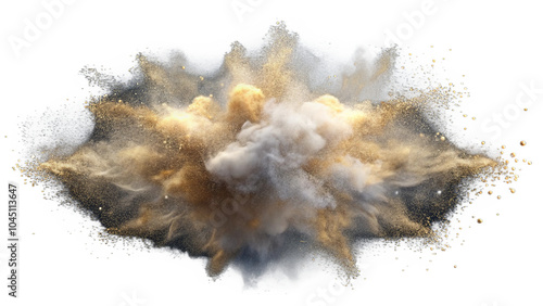 Gold powder explosion on black background. Freeze motion. PNG