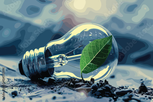 Flying green leaves around the lightbulb filled with leaves. Renewable green energy concept. 3D Illustration