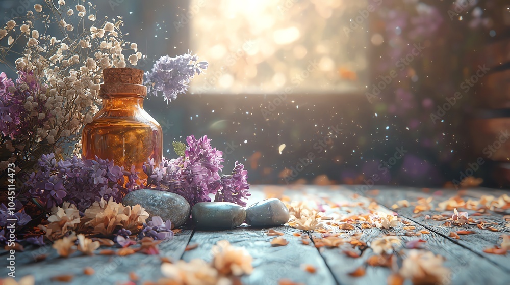 Herbal remedies on a wooden table with dried flowers and healing stones, 3D illustration Herbal remedies on a wooden table with dried flowers and healing stones, 3D illustration