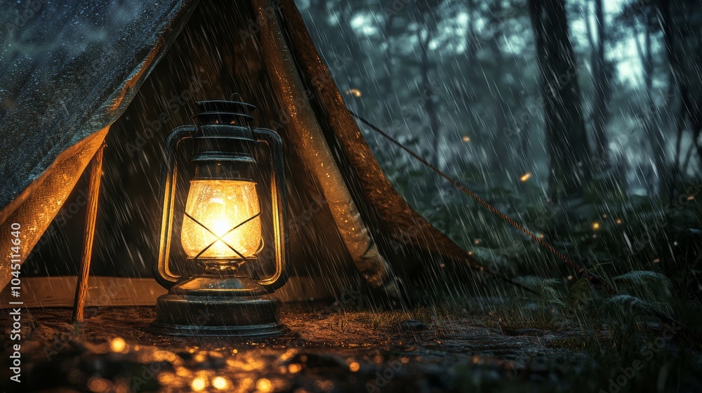 Kerosene lantern illuminating tent entrance on rainy night Kerosene lantern illuminating tent entrance on rainy night