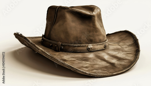 vintage leather cowboy hat with worn edges rests on pristine white surface, showcasing its unique character and steampunk inspired design. sepia tones enhance its rustic charm photo