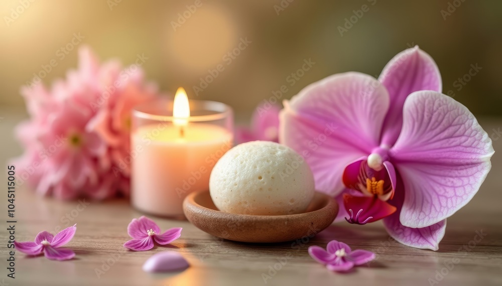 Elegance in Bloom A serene setting with a lit candle a decorative egg and a vibrant orchid Elegance in Bloom A serene setting with a lit candle a decorative egg and a vibrant orchid