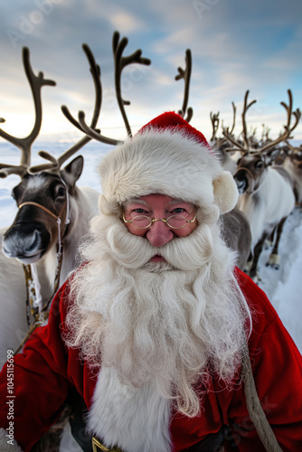 Santa Claus in red suit and his reindeers. Real Santa Claus in Lapland, Finland. Beautiful white winter scenery.  photo