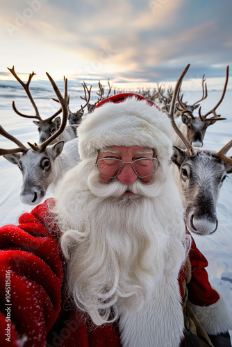 Santa Claus in red suit and his reindeers. Real Santa Claus in Lapland, Finland. Beautiful white winter scenery.  photo