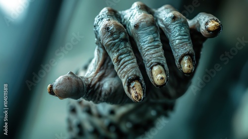 Creepy zombie hand reaching out with decayed skin and long, dirty nails, AI