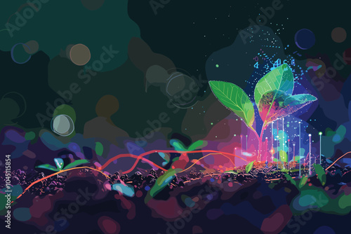 Young plant in soil on dark background, Earth Day concept, Tree planting