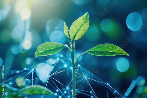 A vibrant plant sprout against a digital network background, symbolizing growth, technology, and innovation. Ideal for concepts of sustainability, environmental technology, and eco-innovation.