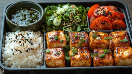 Delicious vegan tofu bento box with rice and vegetables