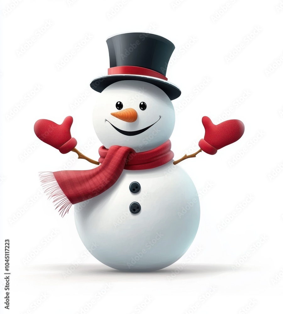 Snowman with a top hat and scarf, a happy face expression with a smiling expression, wearing red gloves on its hands, isolated on a white background. Snowman with a top hat and scarf, a happy face expression with a smiling expression, wearing red gloves on its hands, isolated on a white background.