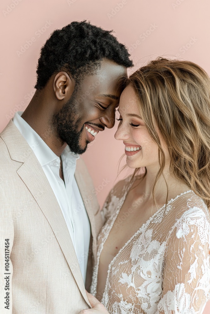 A couple standing close together in a studio, laughing and looking into each other's eyes, with a soft pink background, capturing the joy and lightness of love A couple standing close together in a studio, laughing and looking into each other's eyes, with a soft pink background, capturing the joy and lightness of love