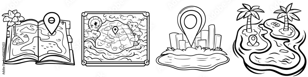 Map of doodle treasure hunt. A modern color line illustration isolated on a white background. Clipart for navigation app logo, cards, vacation agencies, and adventure games. Map of doodle treasure hunt. A modern color line illustration isolated on a white background. Clipart for navigation app logo, cards, vacation agencies, and adventure games.