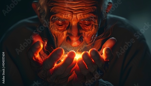 elderly person in a moment of reflection, head bowed, with a warm red glow emanating fatmosphere against a dark background