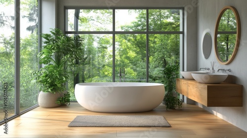 A stylish bathroom with a standalone bathtub, two sinks, and big windows. It's perfect for relaxing and enjoying a luxurious feel.