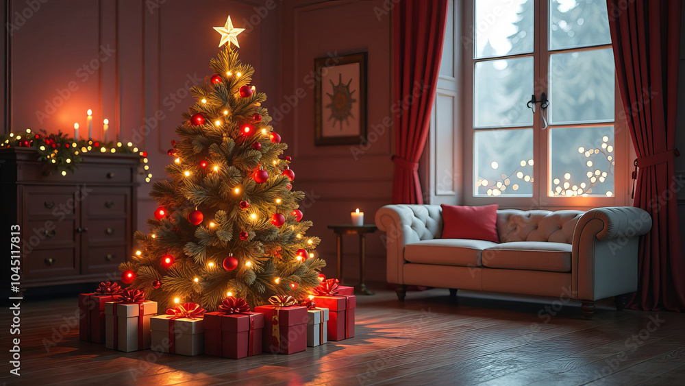 Christmas tree made from gift boxes, festive room background. Interior Christmas. Christmas tree made from gift boxes, festive room background. Interior Christmas.
